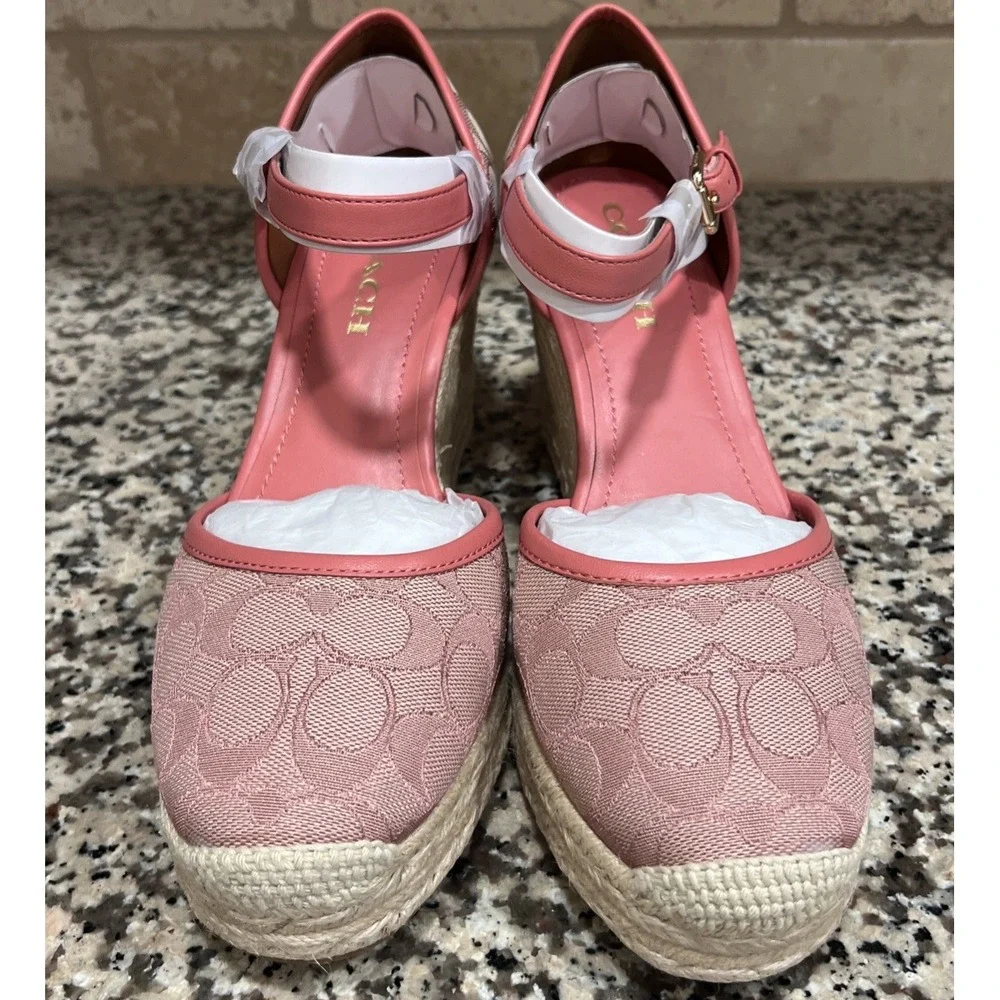 NEW Coach Raine Espadrille Signature Jacquard Pink Wedge Heel Strap Size 10